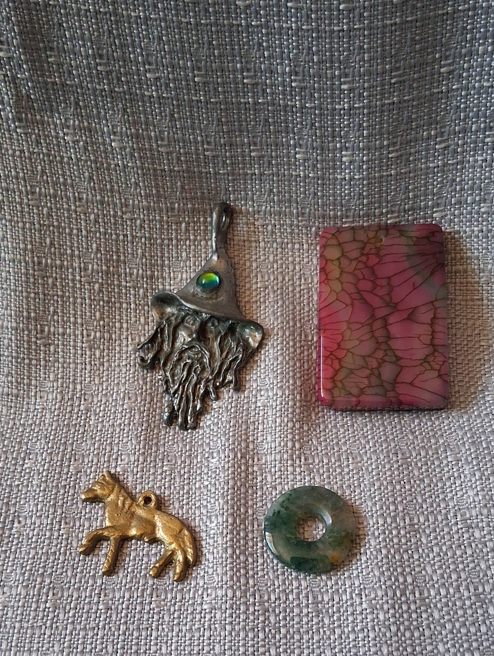 Lot Of 4 Pendants Pewter Wizard Pendant with Green Opal Accent, Horse, Circle+